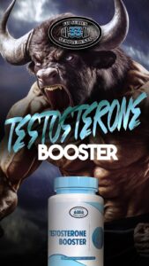 A Testosterone Booster protein powder bottle in from of a screaming minitour